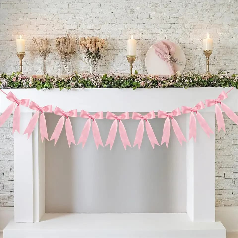 Pink Bow Garland Ribbon Bow Banner for Coquette Birthday Decortions Girls Baby Shower Pink Bow Party Decor