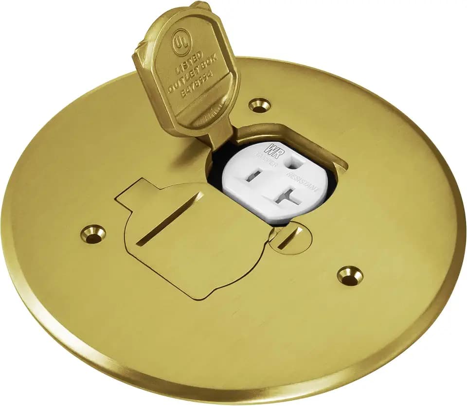 ENERLITES Dual Flip Lid Floor Outlet Cover, 5.625" Dia, 1-Gang, 20A, Brass