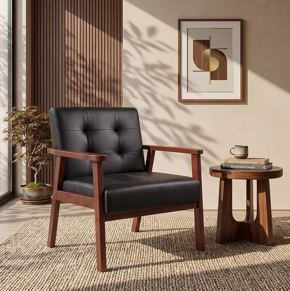 Retro Leather Accent Chair, Arm Lounge Chair for Living Room, Black
