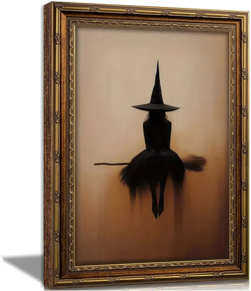 Vintage Gold Framed Halloween Canvas Wall Art, (Witch, 16"x24", Framed)