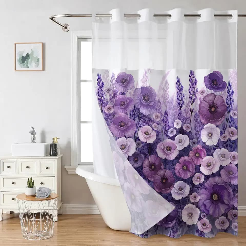 Purple Floral No Hook Shower Curtain with Snap in Liner- Elegant Flowers Oil Painting Shower Curtains for Bathroom- Fabric Inner Liner, Boho Bath Curtains- Machine Washable, 71 x 74