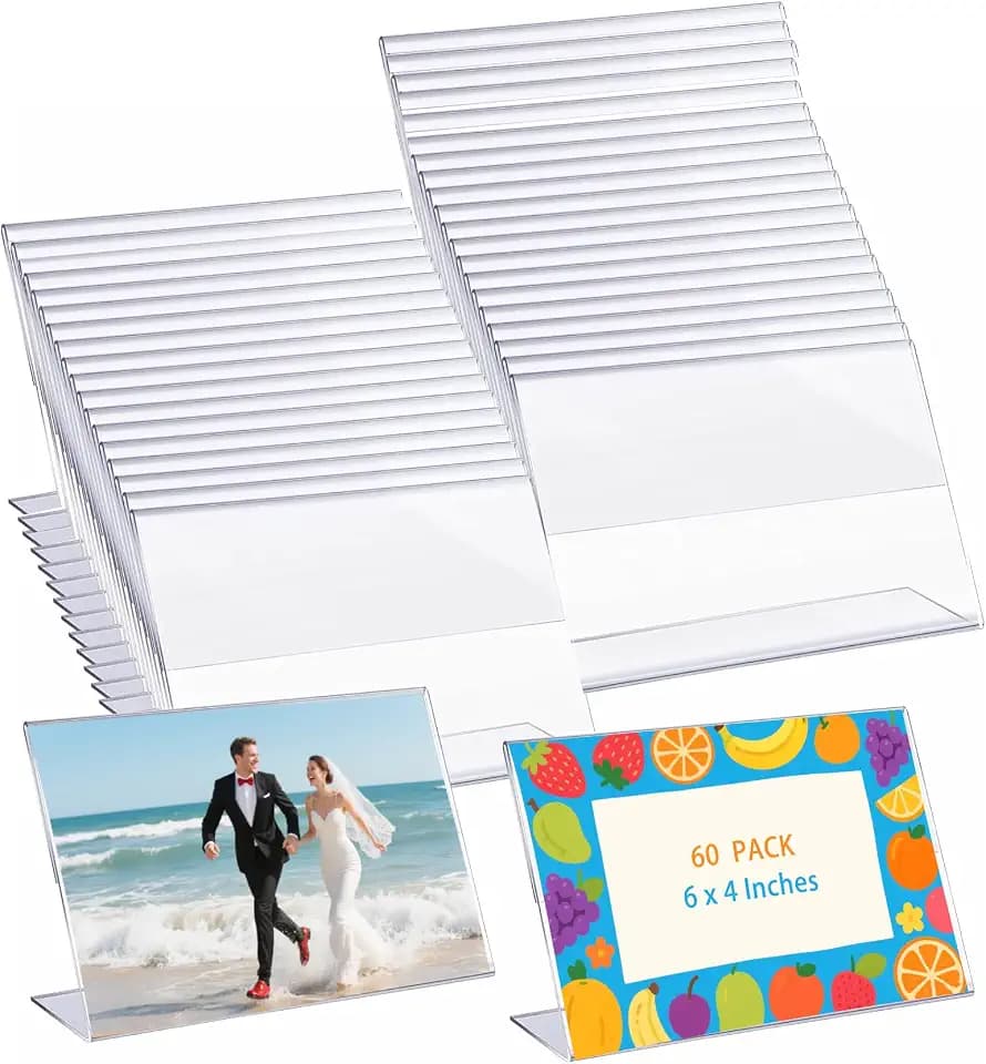 60 Pcs 4x6 Clear Acrylic Picture Frames Bulk – Horizontal L-Shaped Plastic Photo Sign Holders, Slanted Back Display Stand for Tabletop, Desktop, Flyer, Office, Home & Store Use