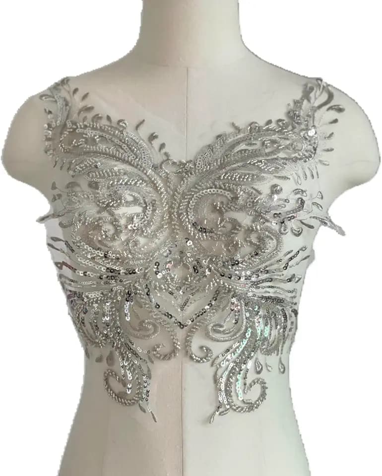 Flower Sequin Appliques, Silver Appliques, Bodice Applique, Beaded Applique for Dresses, Dancewear, Evening Gowns, Apparel and More (Silver)