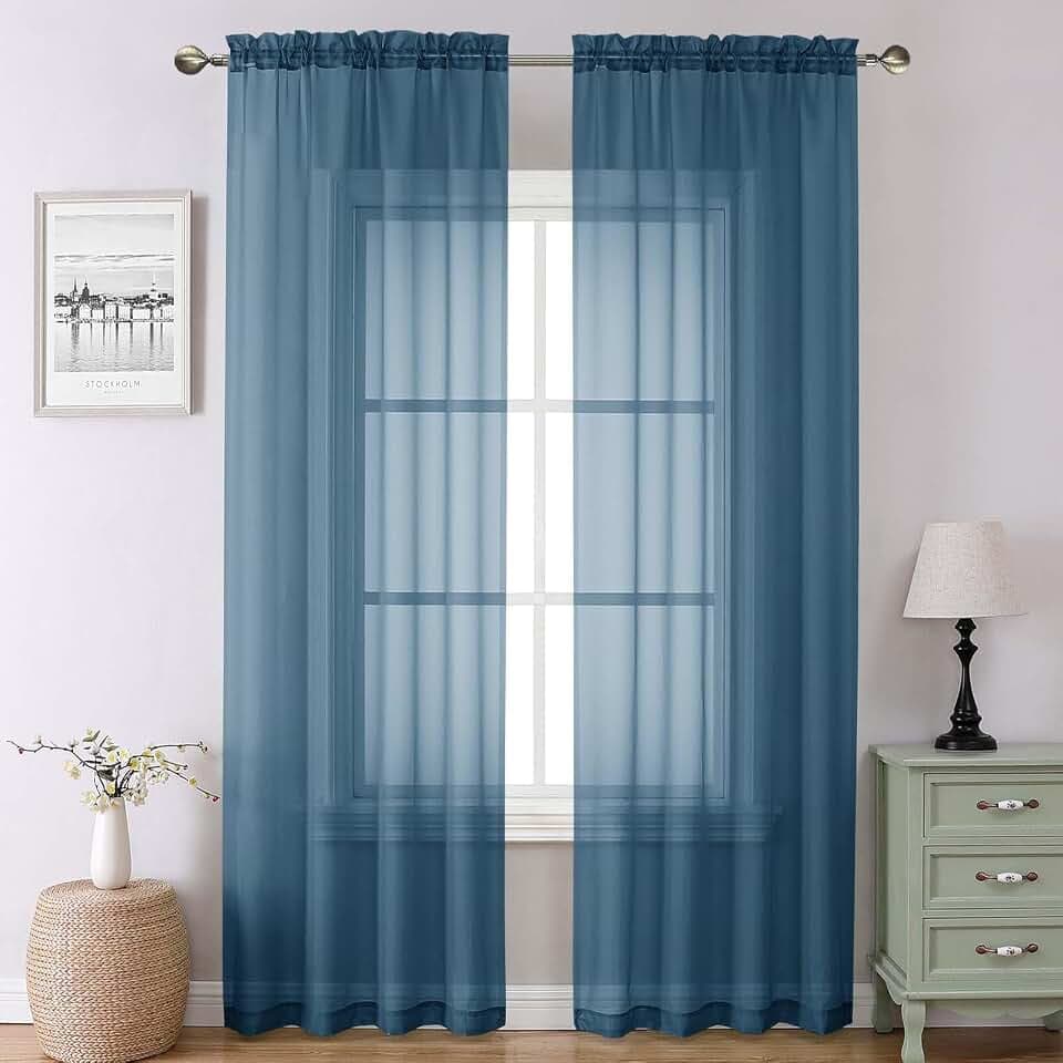 Lecloud Dusty Blue Sheer Curtains 90 Inches Long 2 Panels, Light Filtering Breathable Curtain, Gauzy Stylish Home Decor Drapes with Dual Rod Pocket for Dining Room Bedroom, Each 42" W x 90" L