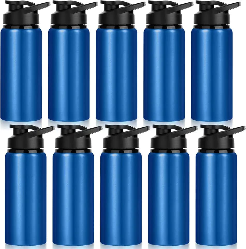 10 Pack Water Bottles Bulk, 20oz Sports Aluminum Water Bottle with Snap Lids Metal Reusable Water Bottles Leak proof Personalized Bottle for Travel Camping Gym Hiking Fishing(Blue)