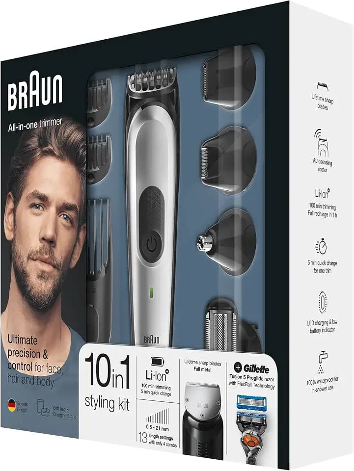 Braun 10-in-1 Trimmer MGK7020 Barttrimmer und Haarschneider, Schwarz/Silber