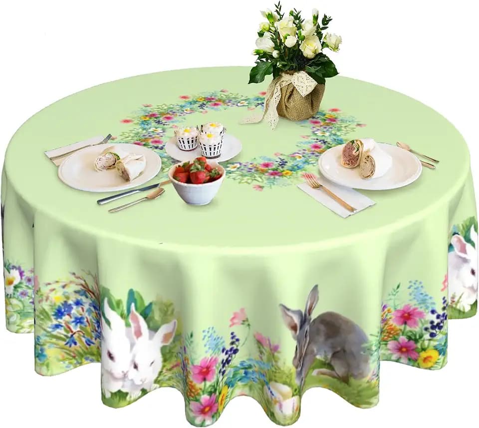 Round Tablecloth 60 Inch, Easter Spring Flower Bunny Floral Green Table Cloth for Rustic Farmhouse Kitchen Decor, Wipeable Polyester Fabric Table Cover for Outdoor Holiday Party