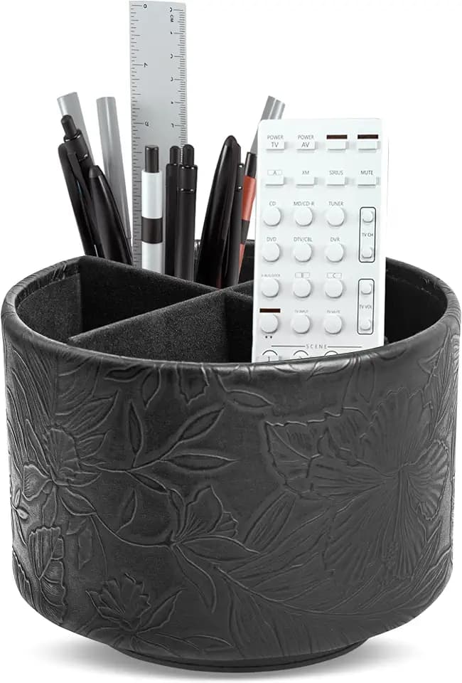 Round Leather Art Supply Organizer,Remote Control Holder,360 Degree Spinning,Multi-Functional Pencil Holder,4 Compartments Desktop Stationary Organizer(1-Carved Black)