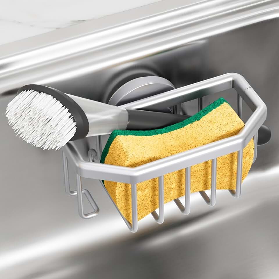 TAILI Sponge Holder for Kitchen Sink with Suction Cup-Silver, Aluminum