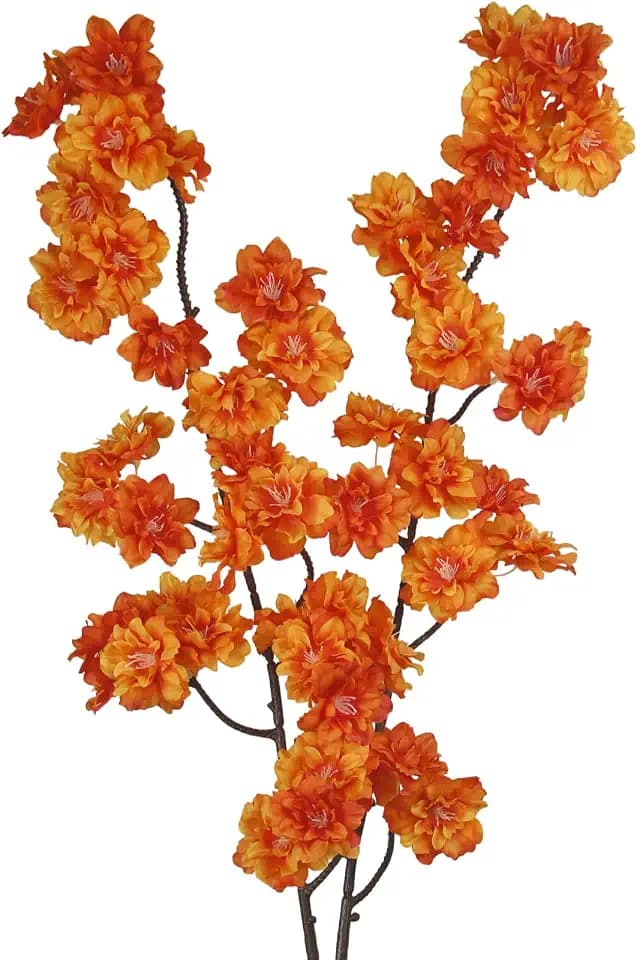 2 Pcs Fall Artificial Cherry Blossom Flowers Branches 41" Faux Cherry Blossom Long Stem Orange Silk Cherry Blossom Tree Fake Flowers for Tall Vase Home Wedding Centerpieces Fall Indoor Decor
