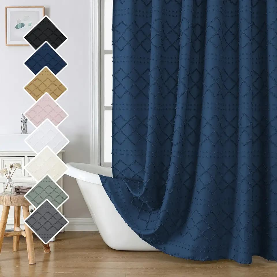Lecloud Extra Long Dusty Blue Shower Curtain Set 72x96 Inches, Fabric Chic Clip Jacquard Textured Tall Tufted Plaid Striped Minimalist Farmhouse Shower Curtain for Bathroom