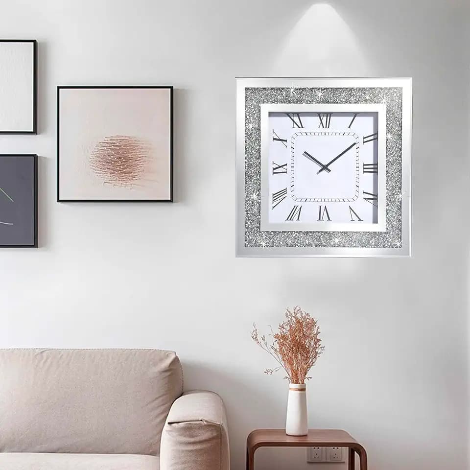 Large Glass Wall Clock, 15.8" Silver Square Diamond Glass Clock