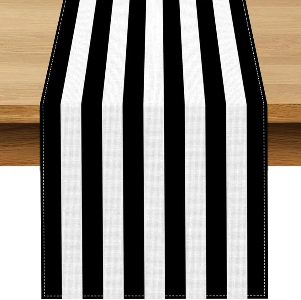 Black and White Cabana Striped Table Runner Birthday Party Decoration Baby Shower Dining Room Home Kitchen Table Decor (Black, 13" x 72")