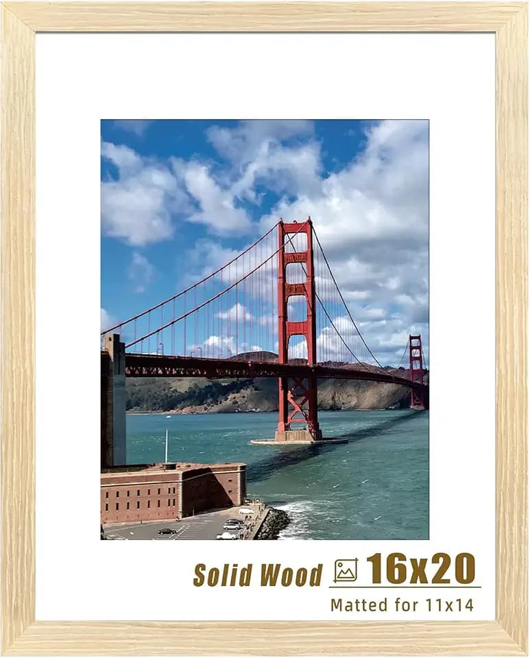 LUCKYLIFE 16x20 Picture Frame, Natural Solid Wooden Poster Frames for Wall, Display 11x14 with Mat or 16x20 Without Mat, 1 Pack