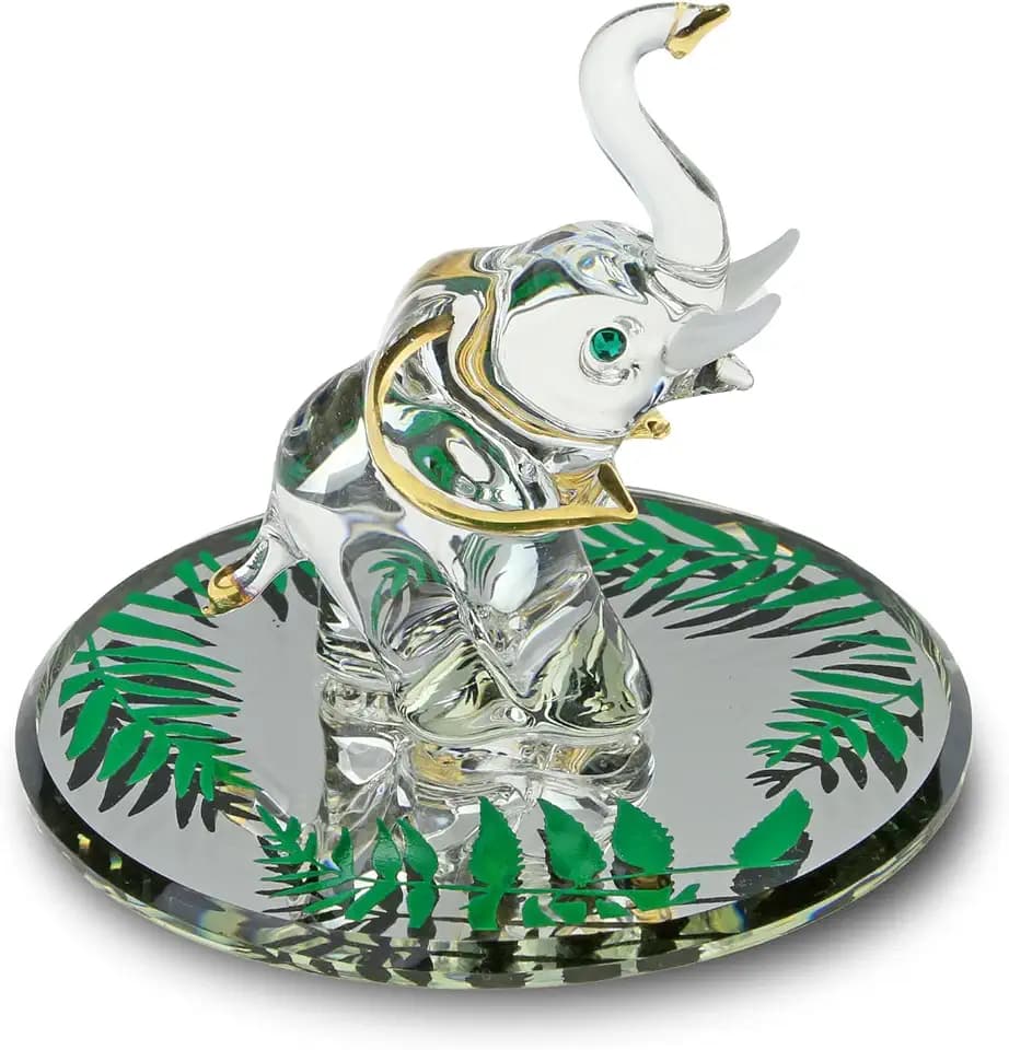 Glass Baron Elephant Glass Figurine, Hand Blown & Sculpted with 22K Gold & Austrian Crystal Accents, Beveled Mirror Base, Collectible Ornament for Home Decor Table Centerpiece