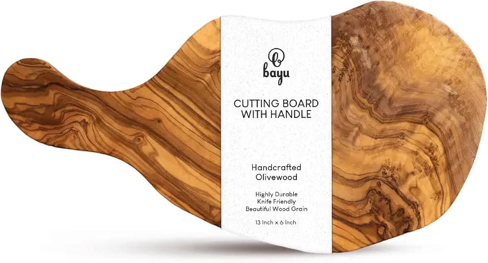 Bayu Handcrafted Olive Wood Cutting Board With Handle, Rustic Natural Finish, Charcuterie and Cheese Board, 13" x 6" x 0.5" Small Wood Serving Board - Classic Paddle Style