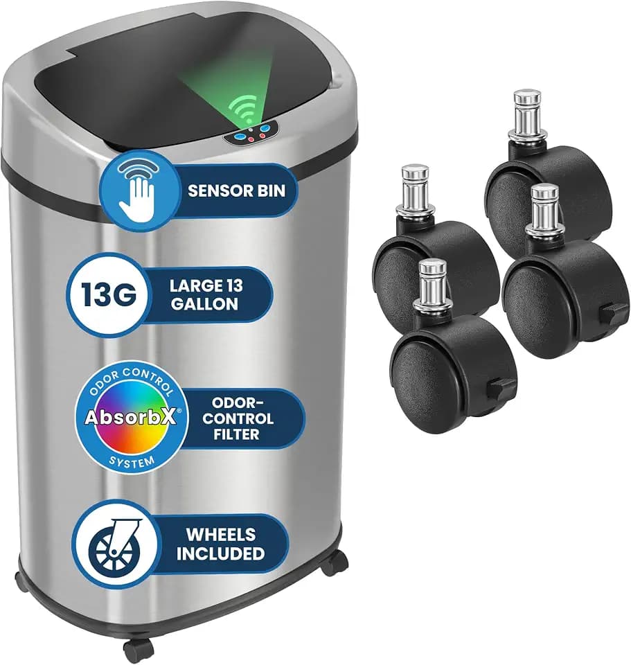 iTouchless 13 Gallon / 50 Liter Sensor Trash Can with Wheels | Odor Filter