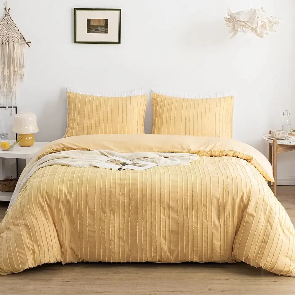 WARMDERN Yellow Boho Duvet Cover King, Striped Textured Tufted Bedding Set