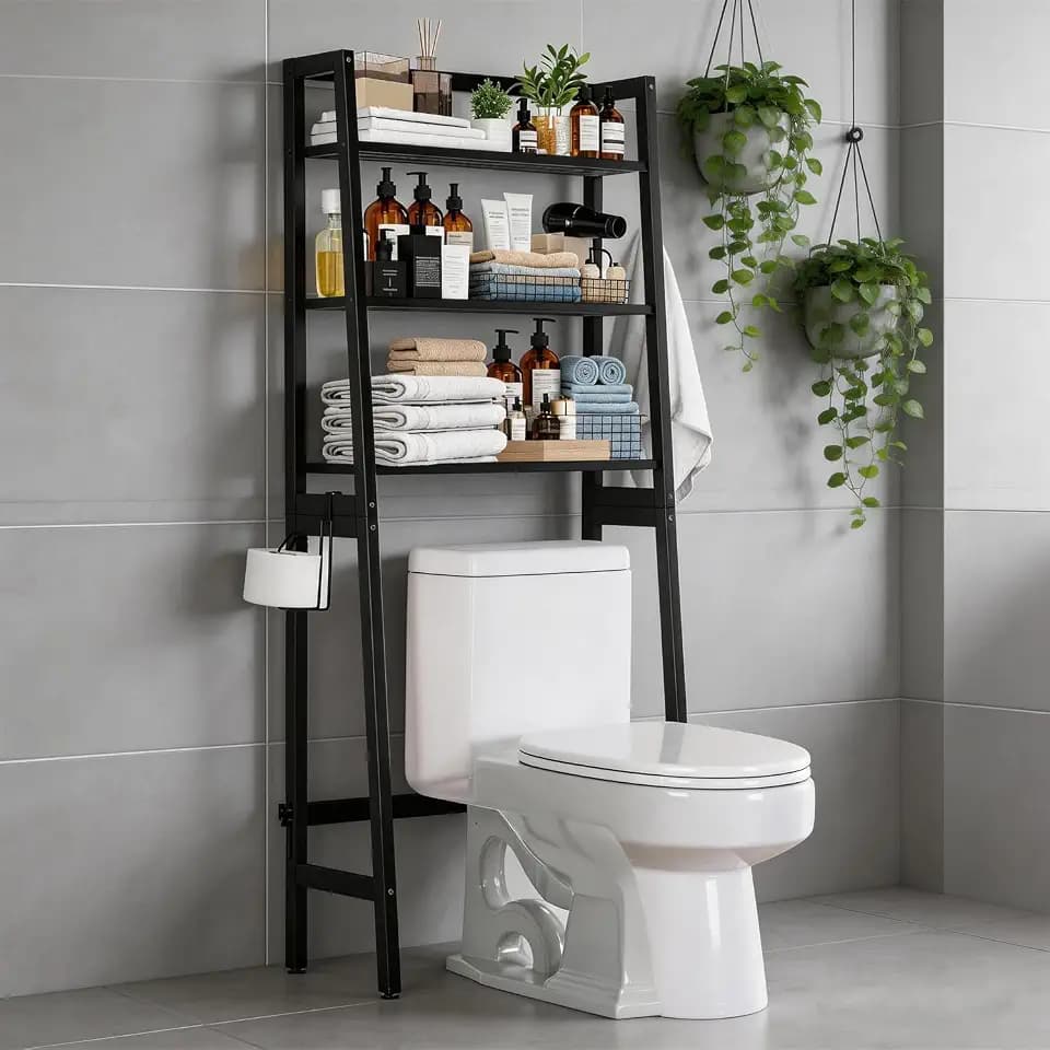 Over The Toilet Storage, Wooden 3-Tier Over-The-Toilet Rack Bathroom Space Saver Organizer, Freestanding Above Toilet with Toilet Paper Holder and Hooks(Black)