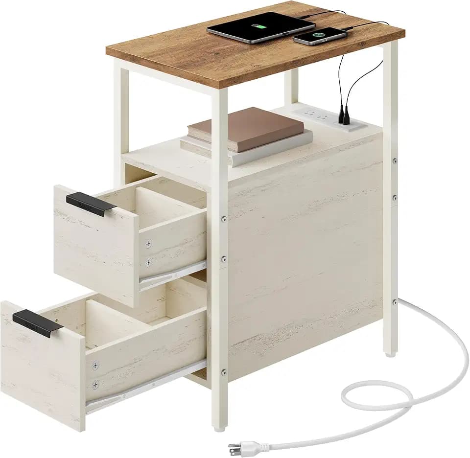 VASAGLE Side End Table with Charging Station, Slim Nightstand with Storage