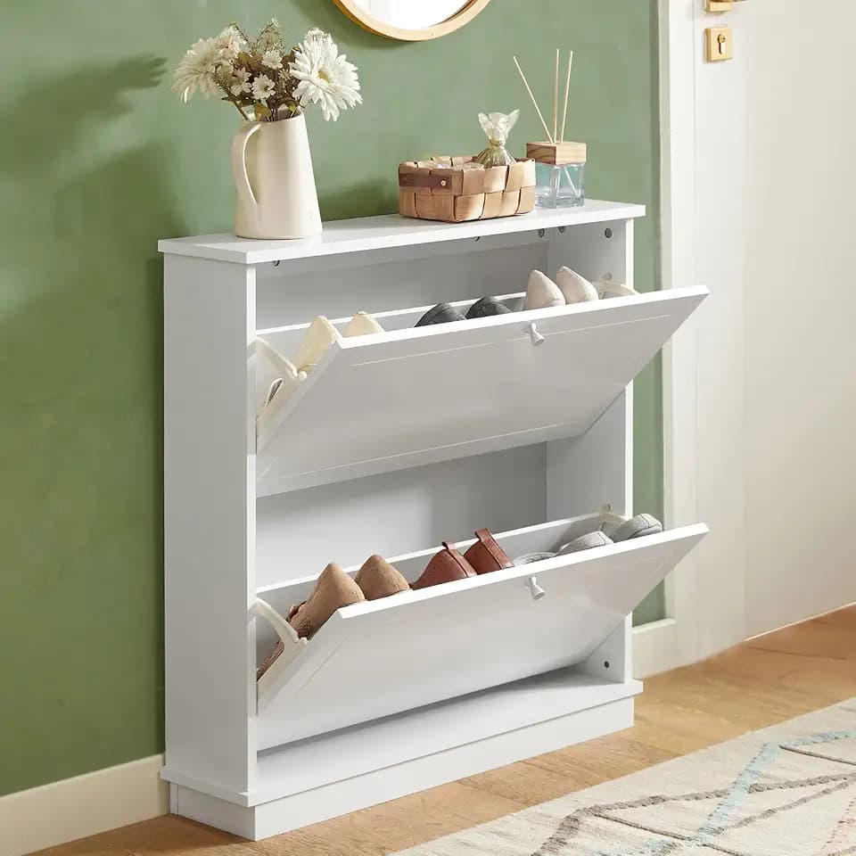 Haotian Shoe Cabinet with 2 Flip-Drawers, Freestanding Shoe Rack, Narrow Shoe Organiazer, Freestanding Shoe Rack, White, FSR99-W, 7.1" D x 29.9" W x 30.7" H, FSR99-W