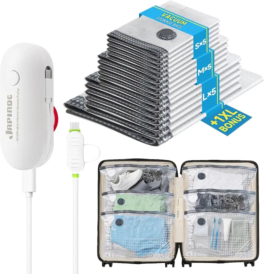 Travel Vacuum Storage Bags with USB Powered Electric Pump, 16 Pack Vacuum Seal Bags for Clothing Travel, Space Saver Bags for Luggage, Suitcase, Backpack & Home Organization, White
