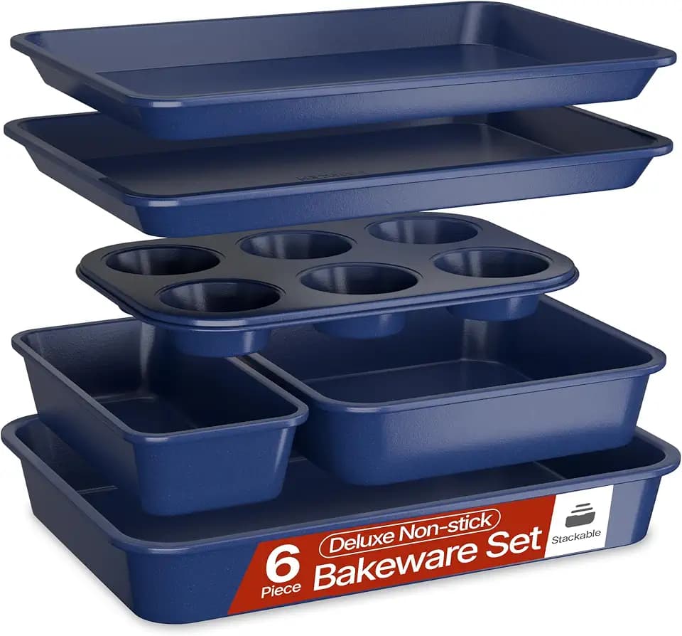 BAKKEN Nonstick Carbon Steel Bakeware Set - 6 Piece Kitchen Baking Trays, Non Toxic Stackable Oven Pans Bundle with Cookie Sheets, 6 Cup Muffin, Roaster, Square Cake, and Loaf Pan for Bread