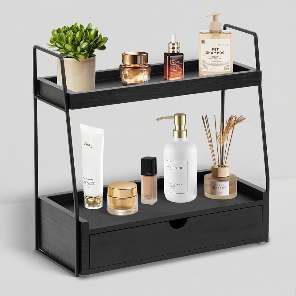 2-Tier Bathroom Countertop Organizer with Drawer, Wood Vanity Shelf Black