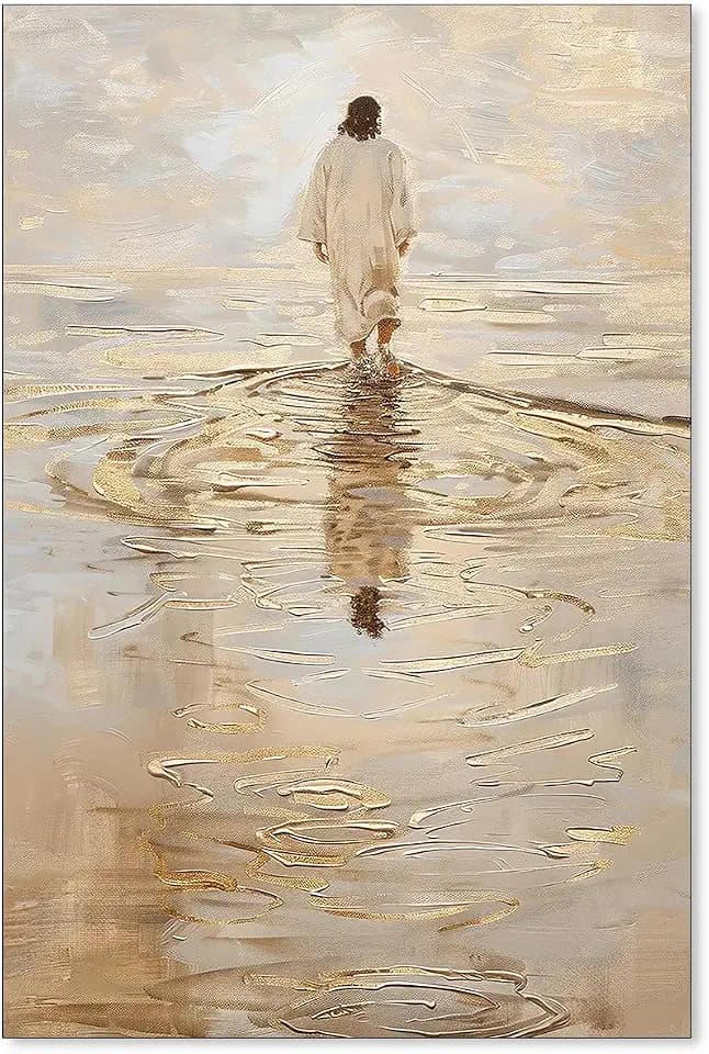 NLIEOPDA Jesus Christ Walking On Water Wall Art Religious Christian Canvas Poster Vintage Modern Jesus Oil Painting for Bed Living Room Church Wall Decor 16X24 inch Unframed