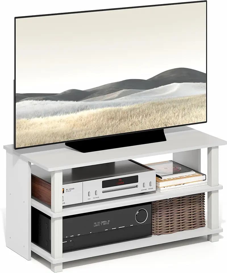 Furinno Sully TV Stand, 3-Tier Rectangular Entertainment Center with Shelf, TV Console for TV up to 40 Inch, Open Frame for Cable Management, for Living Room, Bedroom, White