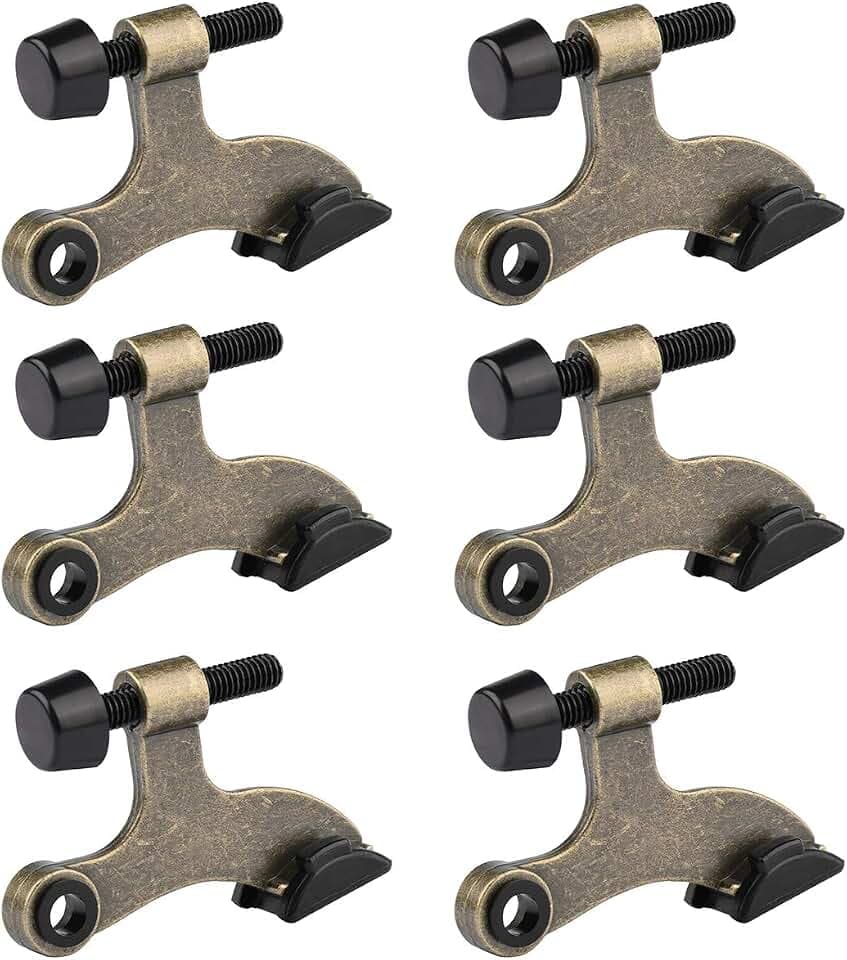 HOMOTEK 6 Pack Hinge Pin Antique Brass Door Stopper, Adjustable Deluxe Heavy Duty Door Stopper 2-1/2"x1-3/4”, with Black Rubber Bumper Tips