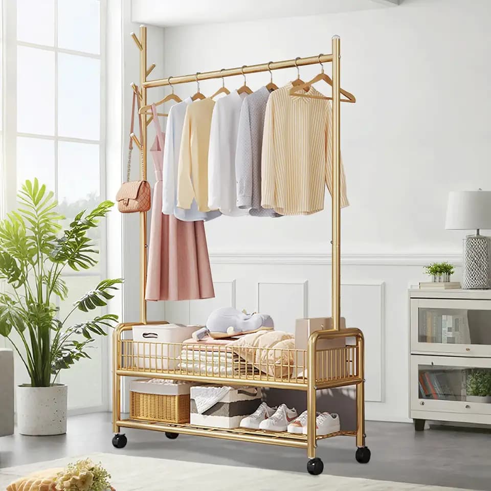 MYUPDALIN Rolling Metal Clothes Rack with Shelves & Storage Basket, Gold