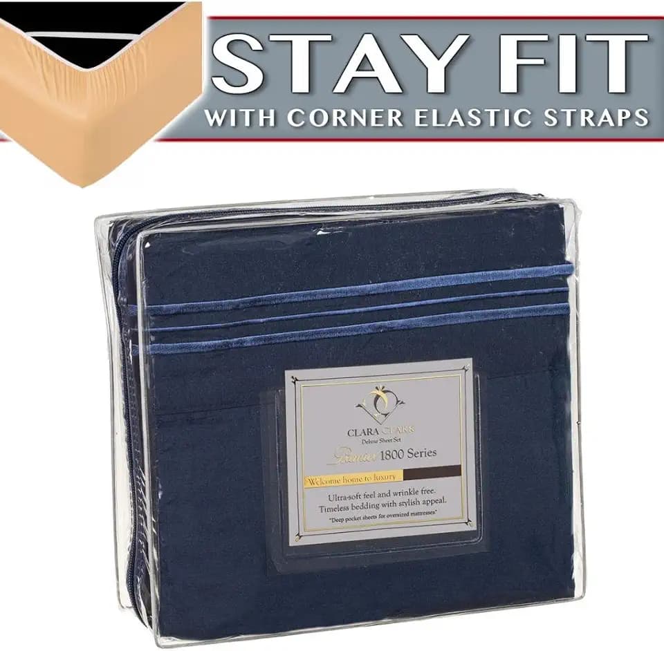 Clara Clark 1800 Series Bed Sheet Sets - Stay fit on Mattress with Elastic Straps at Corners - Cal King Size, Navy Blue