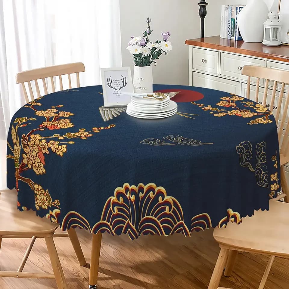 Japanese Round Tablecloth 60 Inch Cherry Blossom Bird Mountain Asian Chinese Style Table Cloth Dark Blue Waterproof Wrinkle Free Table Cover for Kitchen Dining Room Indoor Outdoor Home Decor