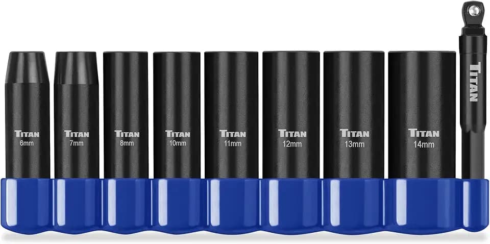 Titan 46401 9-Piece 1/4-Inch Drive Metric Deep Impact Socket Set, 6-Point, Metric Sizes 6 to 14mm