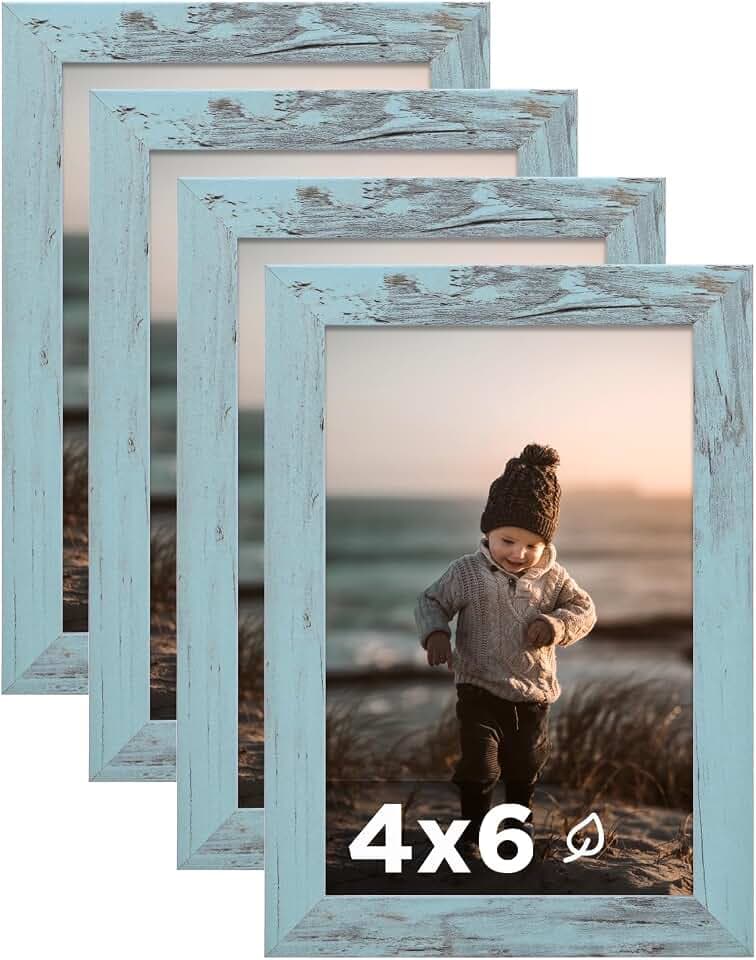 KINLINK 4x6 Picture Frame Turmaline Blue Set of 4, Wooden Photo Frames with Plexiglass for 4x6 without Mat for Table and Wall Display