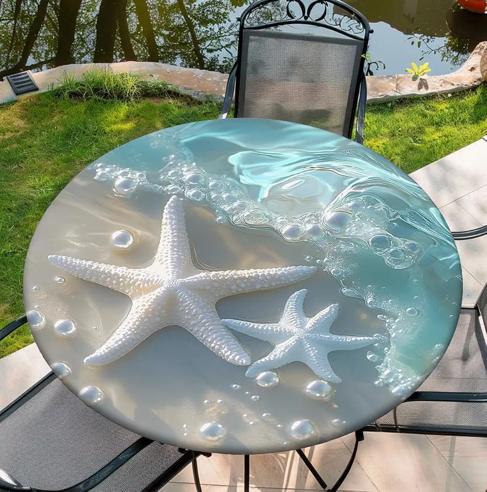 Round Fitted Tablecloth with Elastic 38"-42", Seastar Table Cover for Party Picnic Kitchen Dinner Decor, 44"