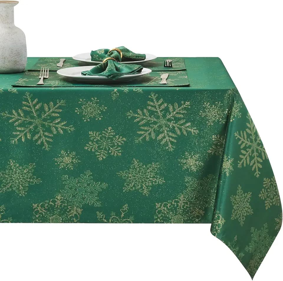 Hunter Gold 52x70 Oblong Christmas Sparkling Snowflake Tablecloth