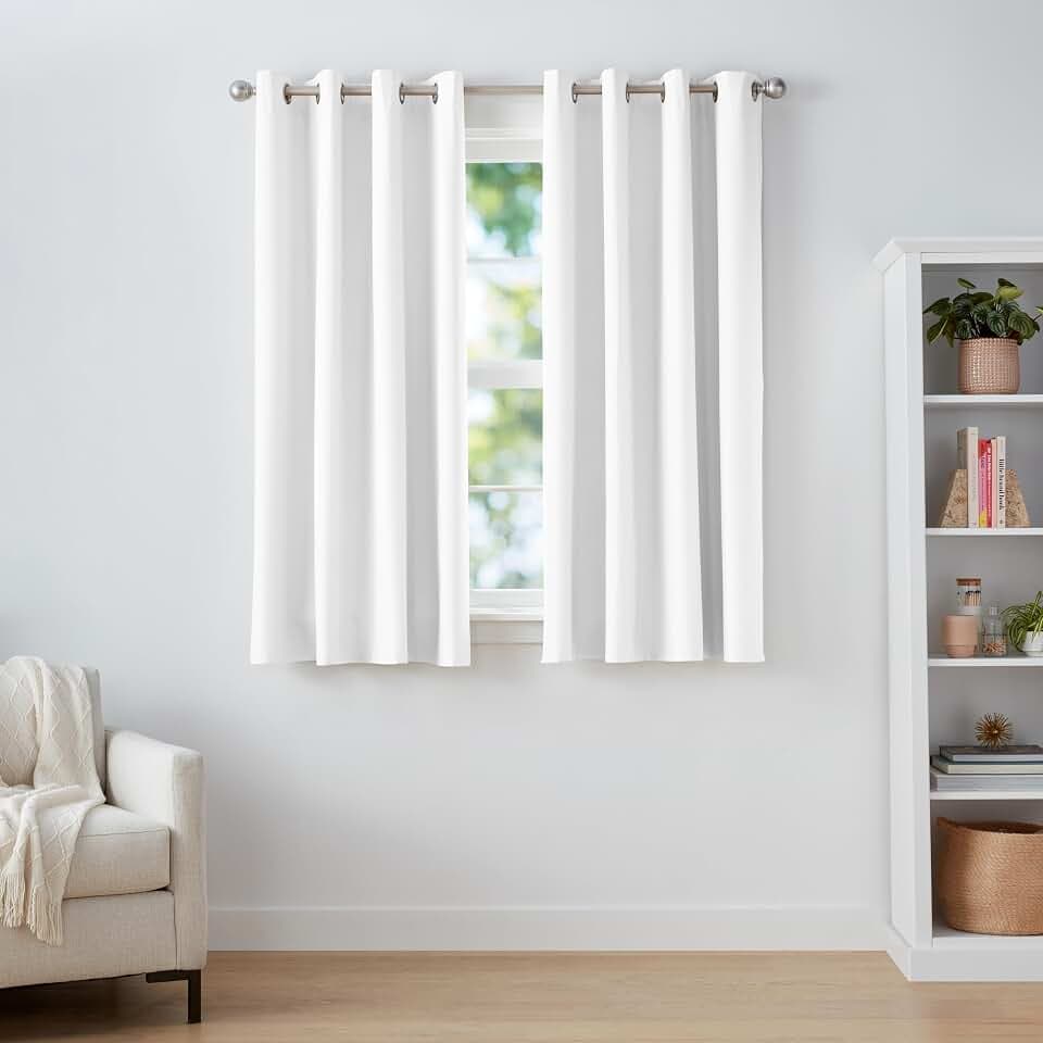 Amazon Basics Room Darkening Blackout Window Curtain with Grommets, Noise Reducing, Light Blocking, 52 x 63 inches, White, 2 Panels per Set (1 Set)