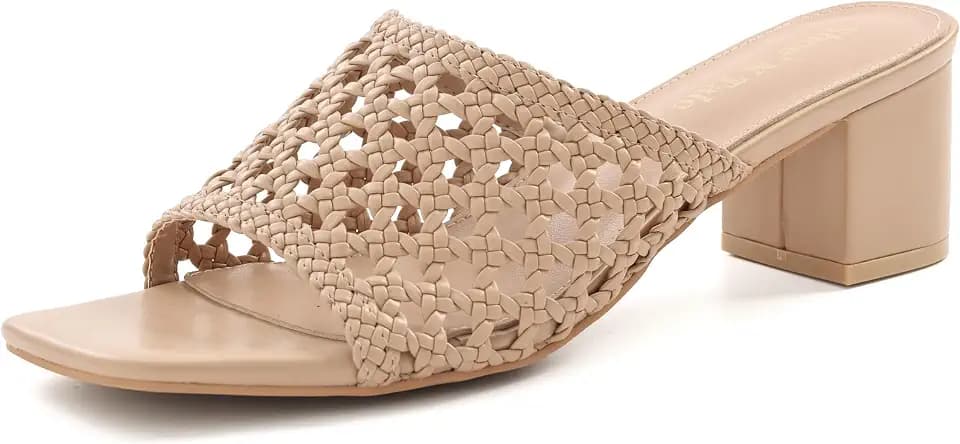 Shoe'N Tale Heeled Sandals For Women Square Open Toe Heeled Mules Chunky Block Low Heel Slip On Slides