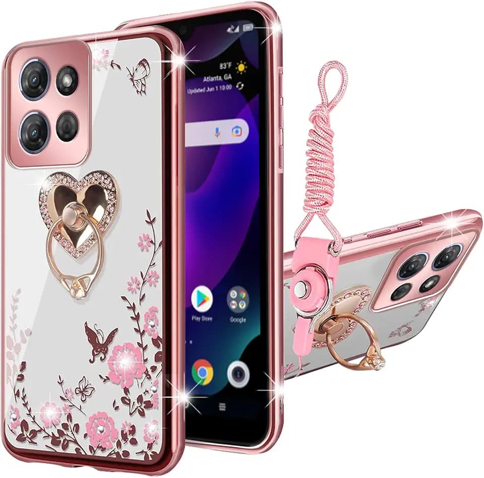 for Motorola Moto-G-5G-2025/2026 Case,G Play 5G 2025 2026 Case for Women Glitter Soft TPU Luxury Butterfly Heart Floral Protective Cover with Ring Kickstand+Strap for G 5G 2025 2026(Rose Gold)