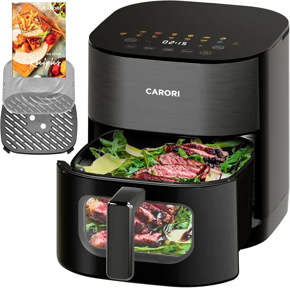CARORI 6 Qt Dual Heat Air Fryer with Viewing Window, 14 Presets, 1700W, No-Flip Top and Bottom Heating, 392°F Max, Nonstick Dishwasher-Safe Basket, Black