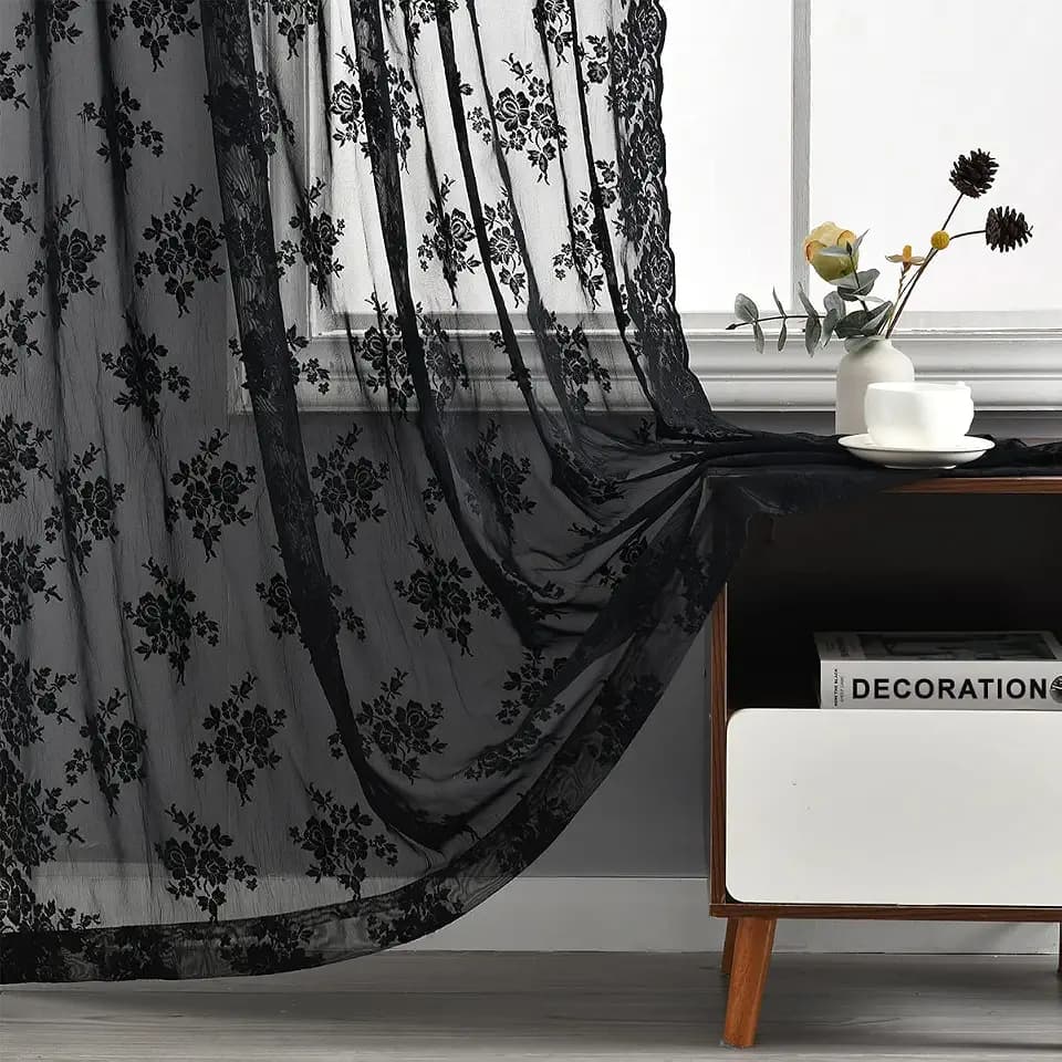Kotile Black Lace Curtains, Gothic Rustic Floral 52 x 120 Inch, 2 Panels