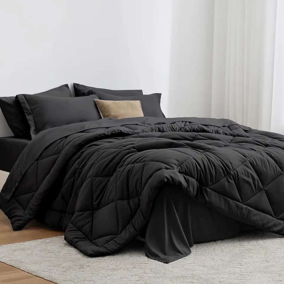 Love's cabin Twin Comforter Set Black, 5 Pieces Twin Bed in a Bag, All Season Bedding Sets with 1 Comforter, 1 Flat Sheet, 1 Fitted Sheet, 1 Pillowcase and 1 Pillow Sham