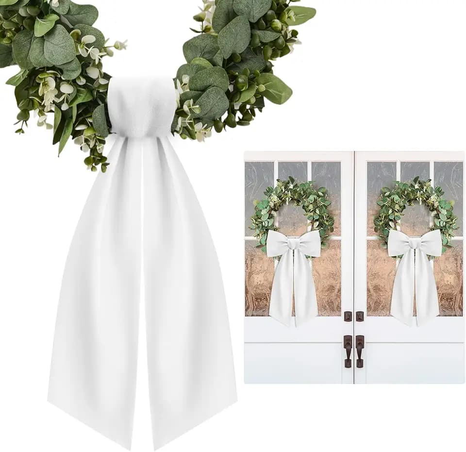 2 Pcs White Wreath Sash for Front Door Linen Wreath Ribbon Bow for Yard Porch Garland Home Decor