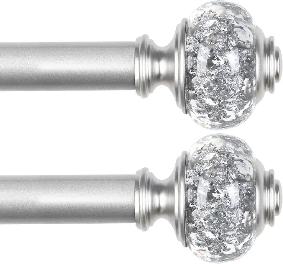 USFOOK 2 Pack Silver Curtain Rods for Windows 48 to 84 Inch, 7/8 inch Telescoping Splicing Drapery Rods 32 to 86 Inch, Decoration for Home with Decorative Translucent Finials