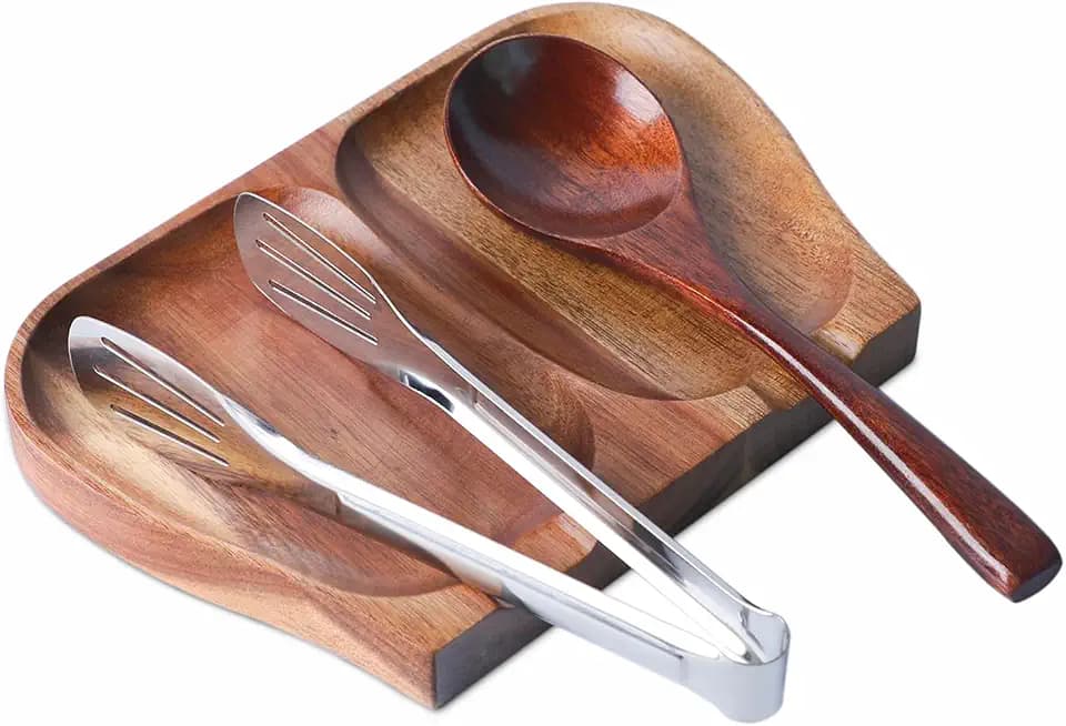 8.5 Inches Acacia Wood Spoon Rest For Stove Top - Smooth Double Wooden Spoon Holder For Kitchen Counter with Non Slip Silicone Feet, Perfect Holder for Spoons (Brown)