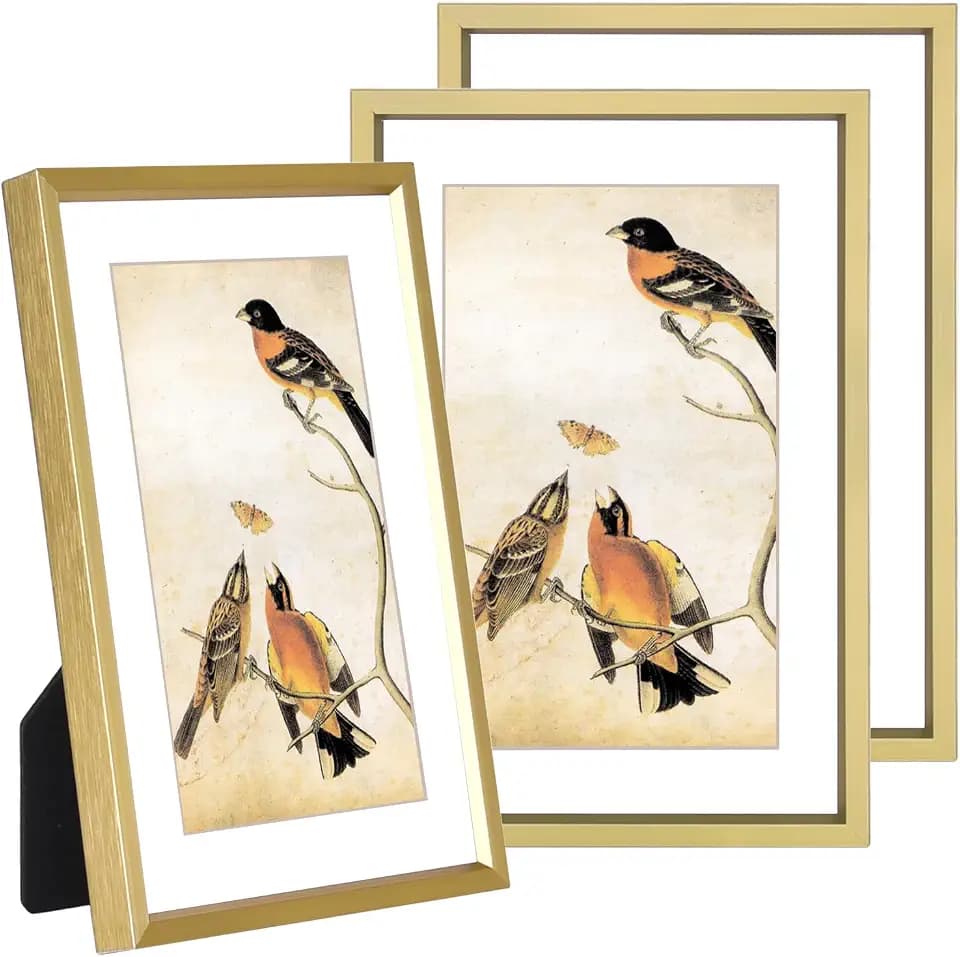BKABOT 4x6 Brass Metal Photo frames 3 Pack HD Glass Mat 3x5 Wall Table