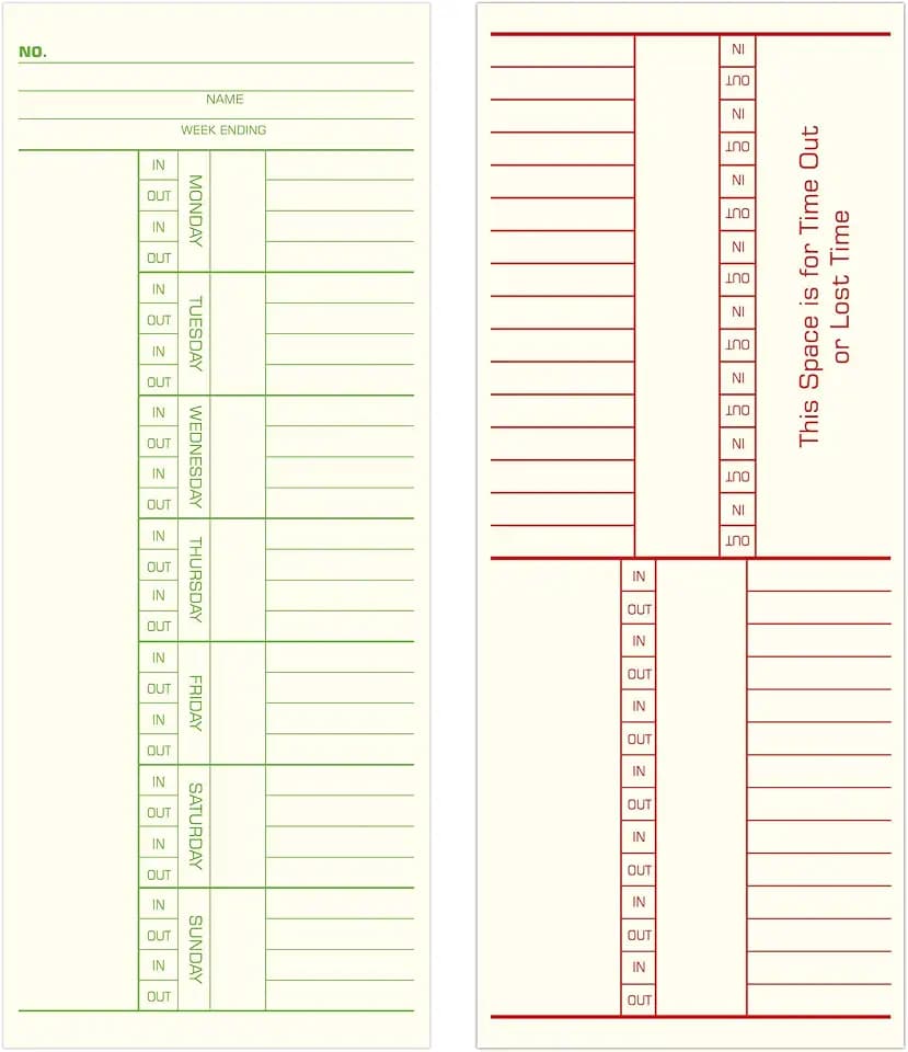 Weekly Time Cards 2-Sided, Named Days, 3-3/8" x 8-1/4", 500-Count, Time Cards for Employees, Green/Red Print, Timecards for Time Clocks