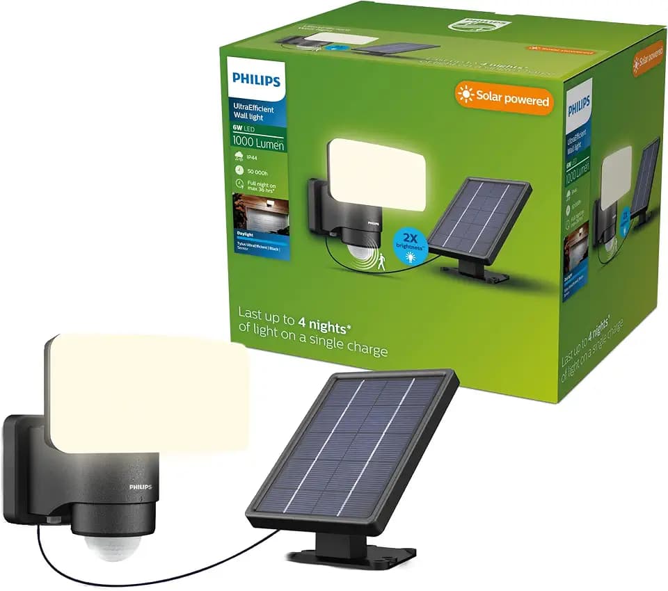 Philips Tylus ultraeffiziente Solar-Sicherheitsleuchte für den Außenbereich mit Sensor, 5000K Tageslicht, 1000/50lm, Schwarz